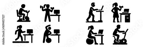 Set of black silhouette icons showing people exercising while working at a desk with a computer, including treadmill desk, stationary bike, and dumbbells