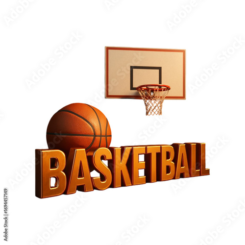 Basketball sport equipment and text isolated on transparent background