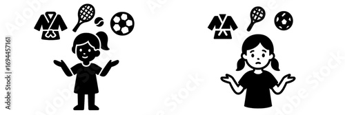 Girl choosing extracurricular activities and sports with happy and confused emotions, a simple icon set about making decisions for hobbies