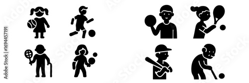 Sports and recreation icons featuring diverse age groups from children to seniors engaged in physical activities like soccer, tennis, and baseball