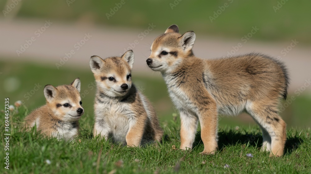Fototapeta premium Three adorable young fox kits stand together in a grassy field on a sunny day