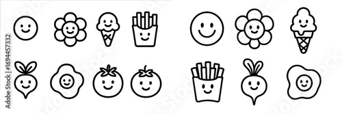 Set of cute kawaii character icons with smiling faces including flower, ice cream, french fries, and vegetables