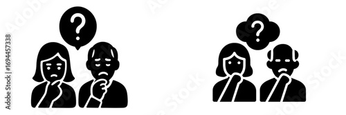 Individuals contemplating with question marks above their heads, symbolizing confusion, doubt, inquiry, and the process of problem-solving