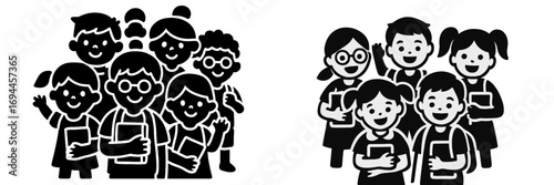 Group of happy school children students holding books and wearing backpacks black and white silhouette icon set for education and learning concepts