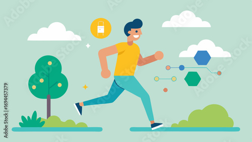 Exercise and Hormones A biohacker jogging in a sunny park with small icons of hormones like testosterone and estrogen floating around illustrating the connection between exercise