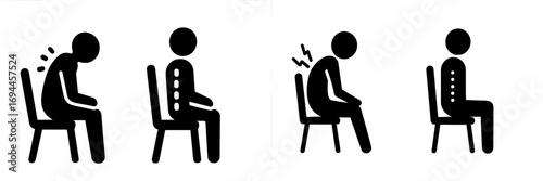 Icon set showing correct and incorrect sitting posture for spinal alignment and back pain prevention on a white background