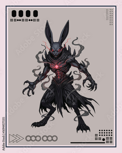 Illustration of a dark, menacing, anthropomorphic rabbit creature with glowing red eyes and chest.