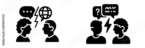 Set of black glyph icons representing communication problems such as language barriers, misunderstanding, arguments, and conflict between two people