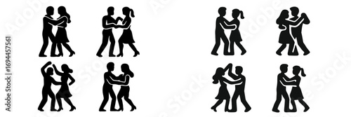 Black silhouette icons of couples in various partner dance poses like salsa, waltz, and tango isolated on a white background
