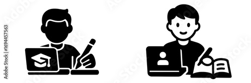 Student learning online with laptop and writing icon set for e-learning and distance education concepts in black glyph and outline style
