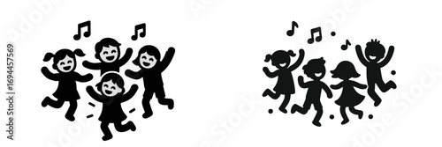 Black and white icon set with simple silhouette figures of happy children dancing and jumping to musical notes