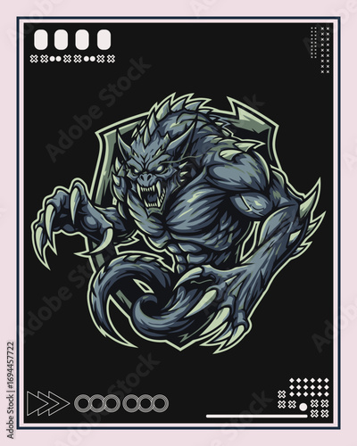 A menacing, blue-skinned monster with sharp claws and teeth, framed in a geometric design.