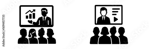 Business presentation and webinar icon set for online training, conference, and seminar with audience and speaker