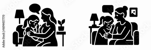 Mother comforting her sad crying daughter on the sofa glyph icon set for family support and parenting concepts