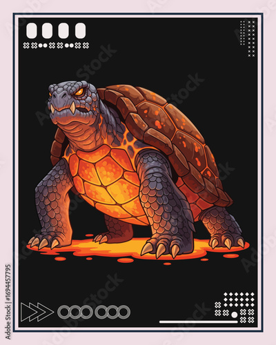 A powerful, fantasy-inspired lava turtle with a glowing magma shell stands in a pool of molten rock.