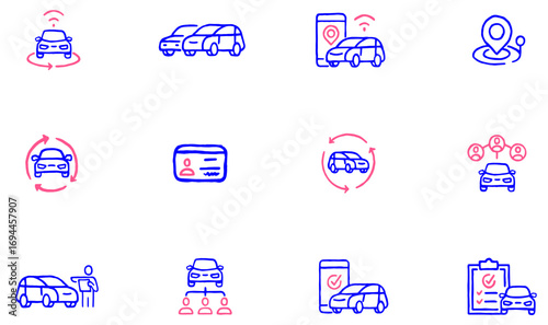 Set of hand-drawn linear icons related to car, ride sharing, rental, vehicle booking services, smart urbanization for mobility solutions. Mono line pictograms and infographics design elements