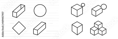 Minimalist isometric geometric shapes set with cubes, circles, and cuboids in clean line art for modern design