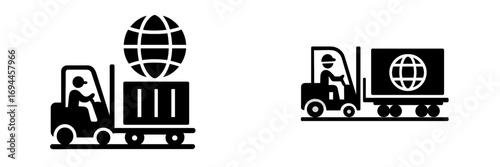 Forklift operator moving cargo for global shipping and freight transportation with a globe symbol representing logistics