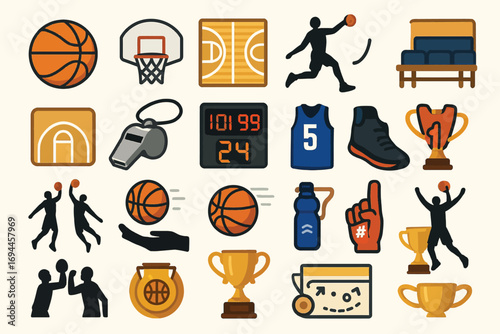 Basketball Sports Icons Game Equipment Players Trophy Court