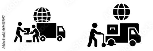 Global logistics and international shipping icon set with workers loading a delivery truck for worldwide freight transport