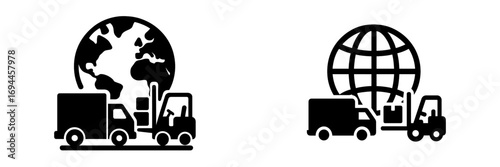 Global logistics and international shipping operations featuring delivery truck, forklift, and world map