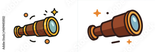 Vintage pirate spyglass icon set for navigation and discovery, a cartoon telescope for exploration and adventure on a white background