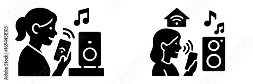 Voice control smart speaker and home automation glyph icon set with a woman using a smartphone to play music