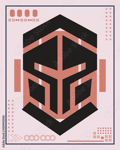 Abstract geometric graphic design of a stylized helmet or mask, featuring bold shapes and colors.