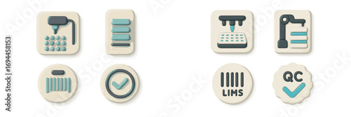 Laboratory automation and robotics icon set with symbols for quality control, LIMS, and scientific research processes