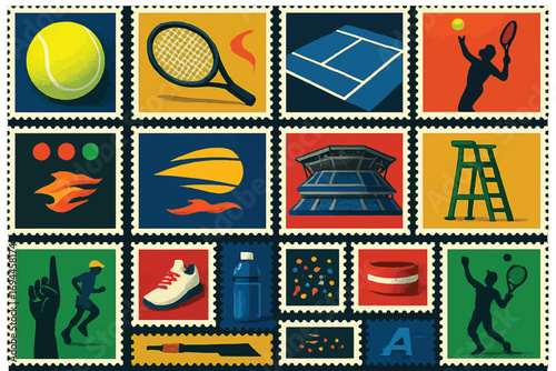 Tennis Icons and US Open Championship Vector Illustration Set