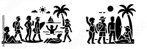Black glyph icons of people enjoying summer vacation on a tropical beach with palm trees and ocean waves for leisure and travel concepts