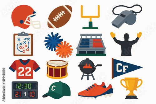 American Football Icons and College Game Elements Vector Set