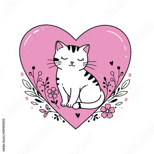 Cute tabby cat sitting inside pink heart floral frame lovely pet illustration