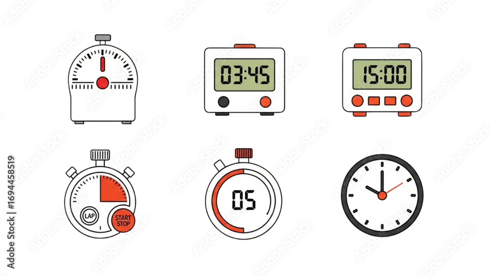 Naklejka premium Timer and Stopwatch Icons Set | Kitchen Timer, Cooking Time Symbols, Countdown Labels