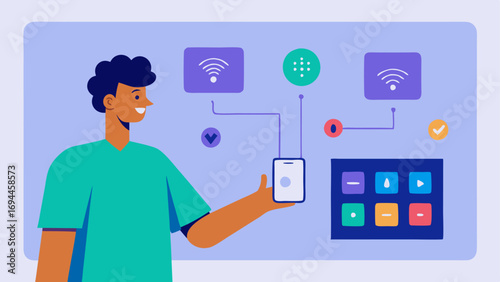 Central Control Hub A person interacting with a smart home control panel that has large clear buttons and voice activation for easier navigation p in a central location of the