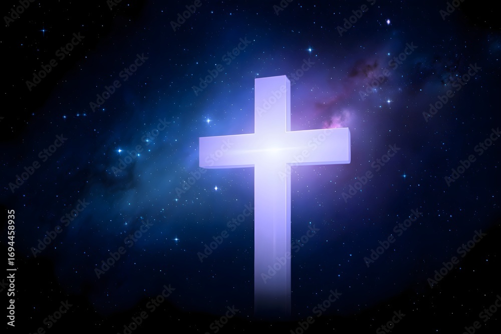Fototapeta premium Shining cross against the backdrop of a starry sky with nebulae and galaxy formations around it