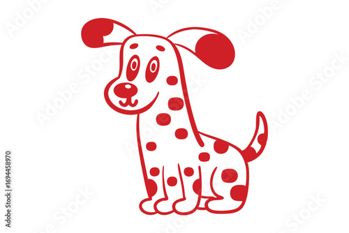 Smiling spotted dog with red markings poses playfully against the white background with charm