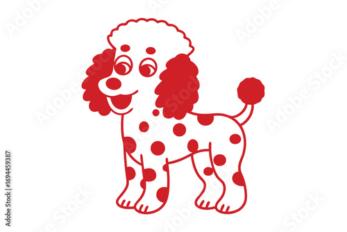 Spotted dog with red markings and a happy expression stands against a white background