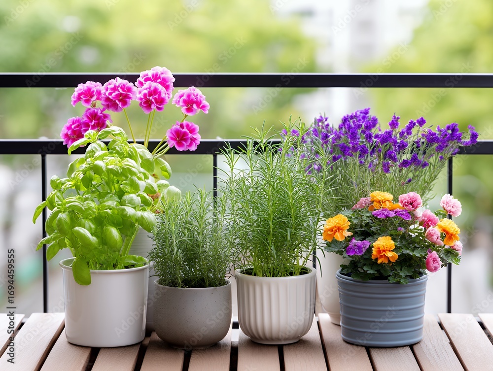 Obraz premium Vibrant Pink Purple Orange Flowers and Herbs in Pots on Balcony
