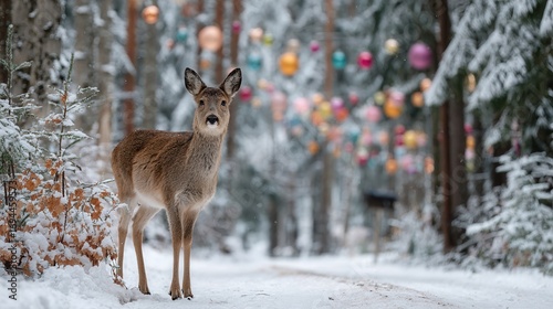 Wallpaper Mural Deer in snowy forest path decorated with winter magic atmosphere Torontodigital.ca