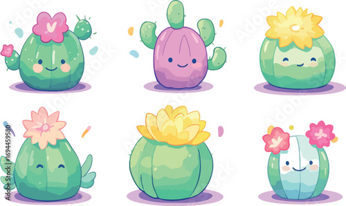 Collection of cute cartoon potted cacti and succulents with colorful flowers and pots