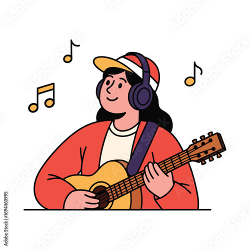 A young person wearing headphones and a cap plays an acoustic guitar with musical notes floating around them.