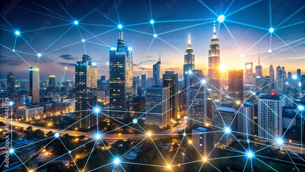 custom made wallpaper toronto digitalPanoramic view of a bustling city skyline at sunset, with a bright digital network of interconnected lights spanning across the skyscrapers, signifying smart city infrastructure