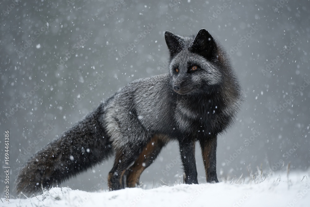 Obraz premium Fox Silver. Silver Fox Variation of Red Fox in Snowfall, Czech Republic