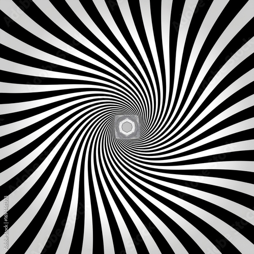 Hypnotic spiral pattern with black and white lines converging towards a central geometric shape, creating an optical illusion.