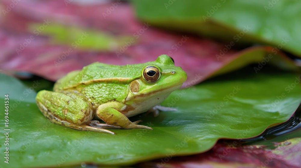 Obraz premium Frog Lily Pad. Young Green Frog on Water Lily in Backyard Garden Pond, Habitat of Amphibian