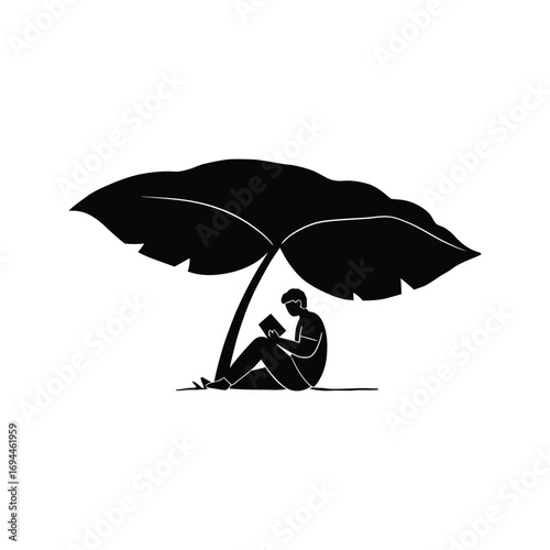 Man Reading Book Underneath Large Leaf Silhouette Black and White Illustration