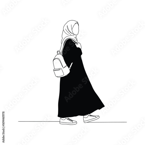 Line art illustration of a Muslim woman wearing a hijab and backpack walking in sneakers