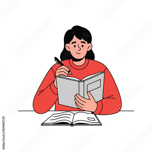 Young woman in red sweater studying, taking notes from a book.