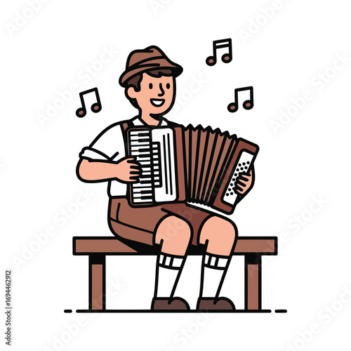 A person in traditional attire playing an accordion while sitting on a bench, with musical notes.